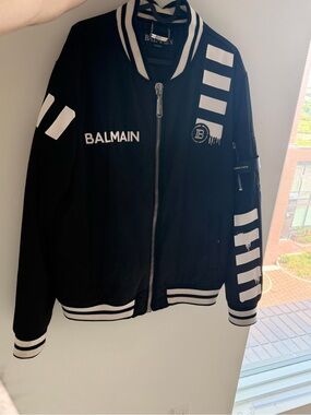 Balmain Black Bomber Jacket with White Logo Stripes